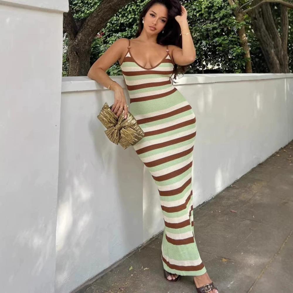 Zara Knit Long Sleeveless Backless Cutout Striped Spaghetti Strap Dress